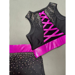 back of crop top set, black pink cross over back /sparkly crop top set with crystals for kids/ black and pink active wear kids with crystals / gymnastics /cheerleading