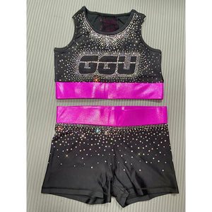sparkly crop top set with crystals for kids/ black and pink active wear kids with crystals / gymnastics /cheerleading