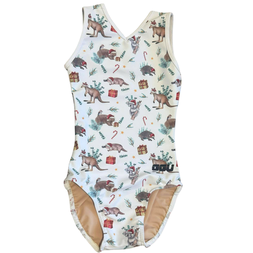 Gymnastics leotard with an Aussie themed Christmas print featuring koalas, kangaroos and platypus with Christmas hats.