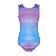 A sleeveless tank leotard with a gradient of blue to purple color and star patterns.