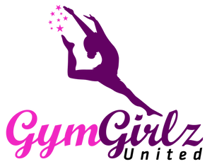 Gymnast leaping above writing "Gym Girlz United"