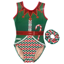 Elf gymnastics leotard with red and white candy cane patterns. 