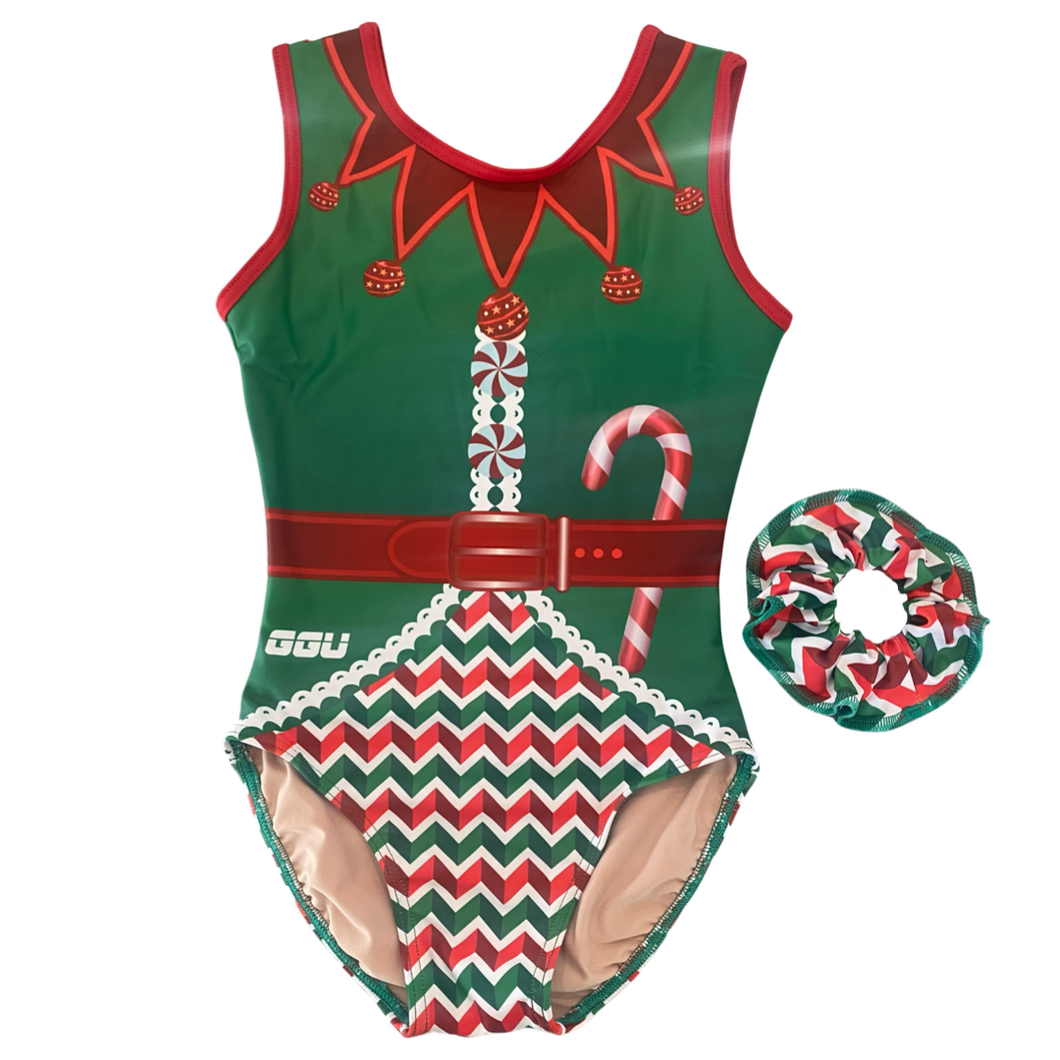 Elf gymnastics leotard with red and white candy cane patterns. 