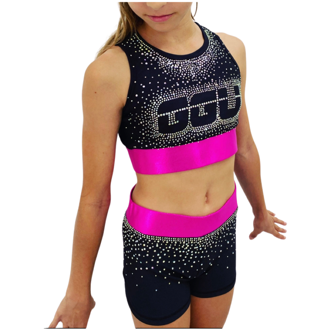 sparkly crop top set with crystals for kids/ black and pink active wear kids with crystals / gymnastics /cheerleading