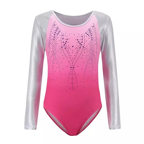 long sleeved leotard pink and silver with crystals gymnastics