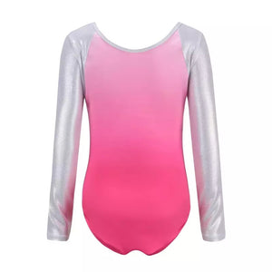 long sleeved leotard pink and silver with crystals gymnastics